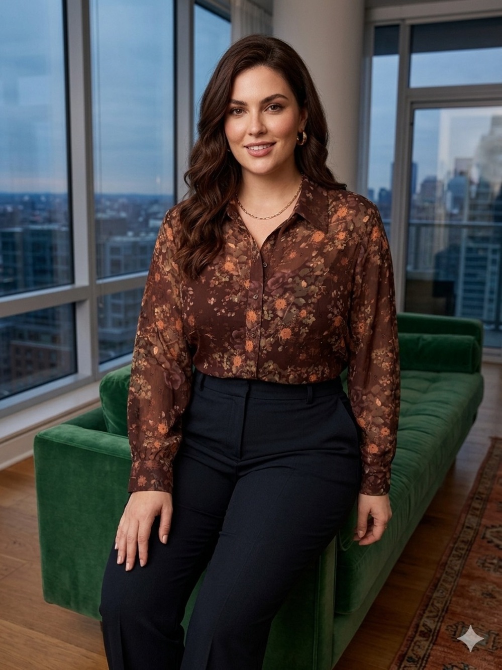 WD.NY Brown Floral Button-Down Blouse